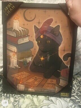 Sapna Shah The  Fortune Teller Cat Wall Art Print - Black & Gold